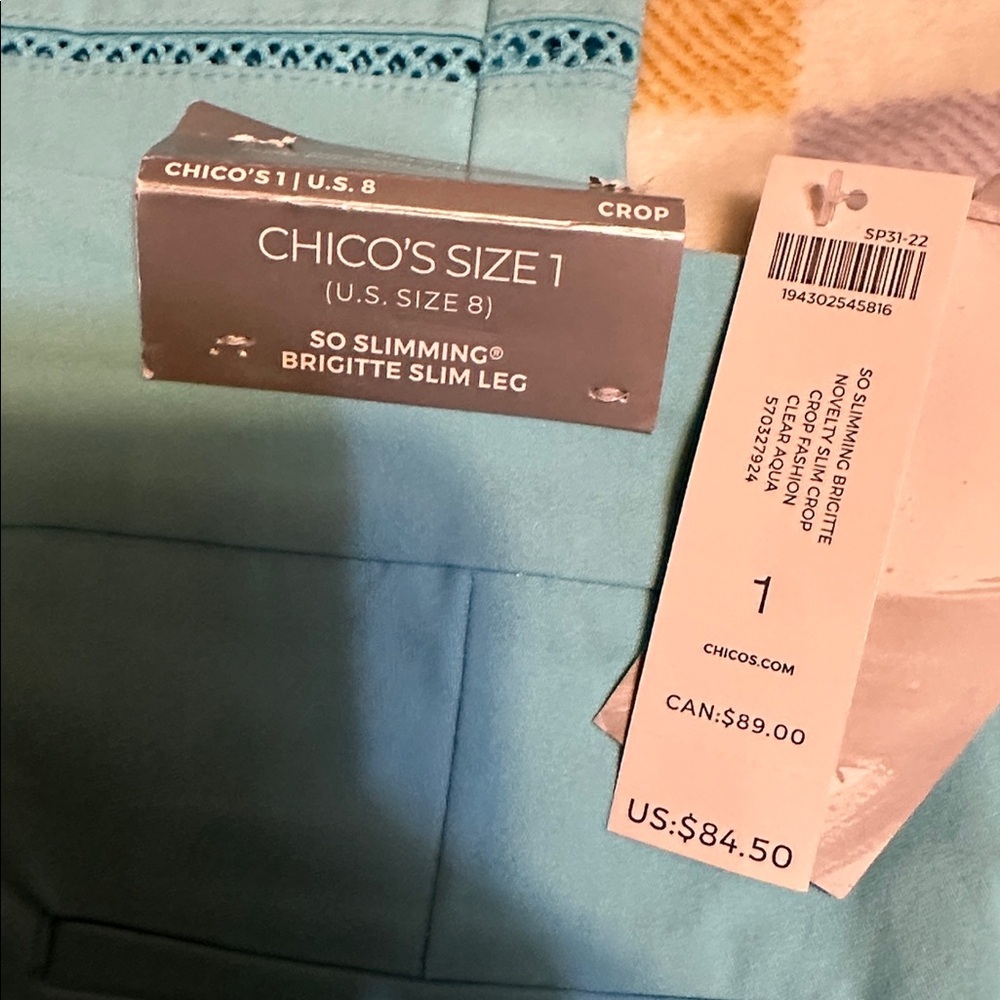 NWT Chico's Brigitte Slim Leg Aqua Trousers with Embroidered Detail Chicos sz 1 - Picture 2 of 10